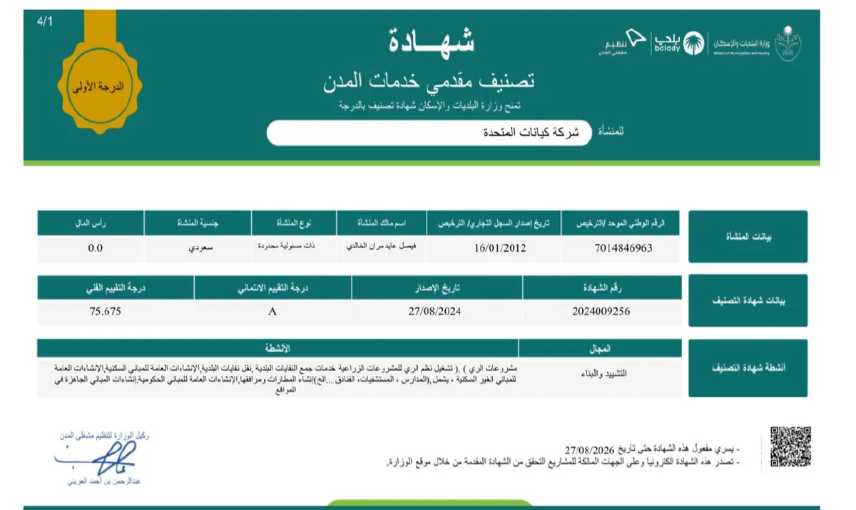 شهادة تصنيف مقدمي خدمات المدن — الدرجة الأولى